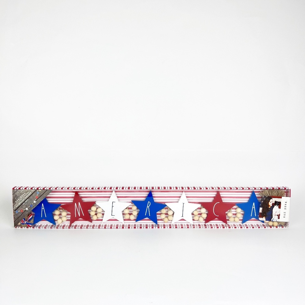 Rae Dunn USA 4th of July Red White Blue Stars America 45" Garland Wood Patriotic